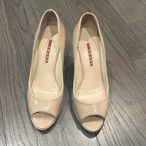 Prada nude patent leather peep toe cork wedges, size 37